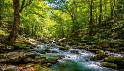 Lush, sun-drenched forest stream