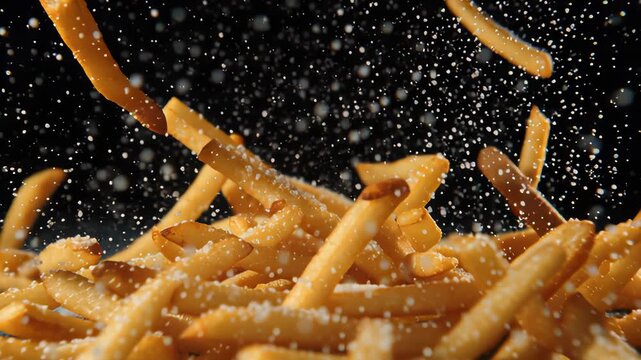Super Slow Motion Shot of Falling French Fries and Salt Followed