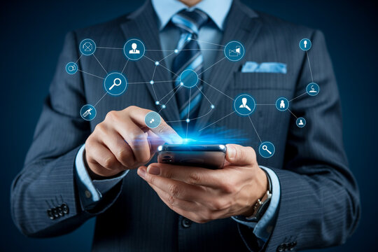 Businessman using smartphone for social media marketing and networking connections online strategy success