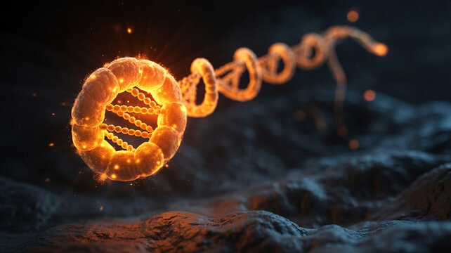 Dynamic glowing DNA strand with vibrant energy representing science and discovery - Powered by Adobe
