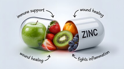 Zinc Power: An opened capsule showcasing the nourishing power of zinc, filled with vibrant fruits known for boosting immunity, supporting wound healing, and reducing inflammation.