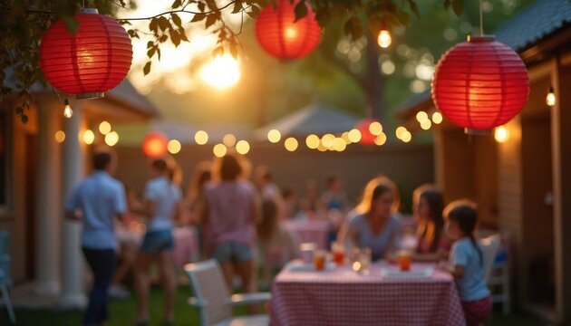Backyard summer barbecue celebration with American flag decorations, guests enjoying food, music. Children play on lawn while adults, relax. Red lanterns, string lights create festive atmosphere. - Powered by Adobe