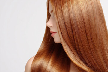 Naklejka premium Close-up side view of a woman with smooth, glossy red hair cascading down her back, showcasing vibrant color, shine, and healthy hair texture on a clean white background