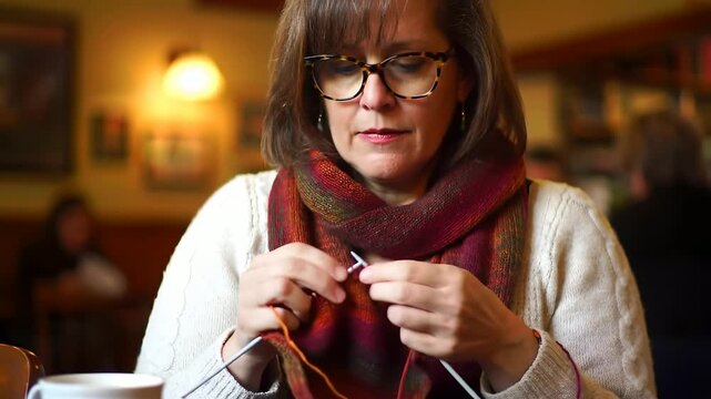 Woman knitting scarf at cafe. Skilled artisan creates knitwear, hobby and leisure activity. Craft project for personal gift, winter fashion, handmade clothing brand promotions.