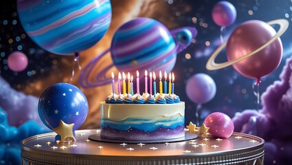 Celebrate a stellar birthday with this space-themed cake and planet balloons for an out-of-this-world party