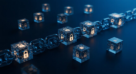 Blockchain Network Interconnected Cubes with Padlock Symbols Digital Security.