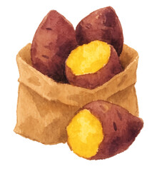 Roasted Sweet Potatoes Watercolor Illustration, Warm Autumn Food Isolated