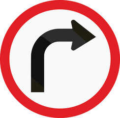 Traffic road sign indicating right turn direction with red circle warning symbol