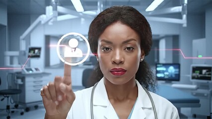 Modern healthcare portrait of a female doctor touching futuristic screen in an advanced operating room for digital diagnosis - Powered by Adobe