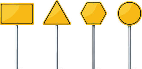 Yellow traffic signs, various shapes, road safety, warning symbols, isolated, grey background