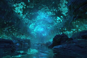 Deep, bioluminescent cave with flowing water