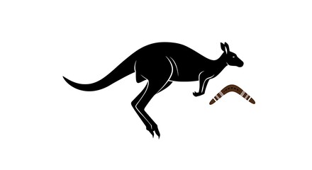 Obraz premium Stylized Black Kangaroo Silhouette Leaping with Boomerang; Australian Aboriginal Art; Bold Graphic Design.