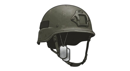 Naklejka premium Military Helmet with Dog Tags: Vintage Style Combat Illustration, Serious Mood, Vector Graphic.