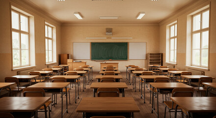 Fototapeta premium Empty classroom with wooden desks and a chalkboard