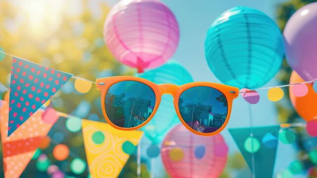 Vibrant, colorful sunglasses strung up as party decorations, adding a fun and festive touch to outdoor birthday parties or celebrations.