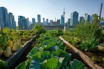 Fototapeta premium Urban rooftop garden overlooking city skyline
