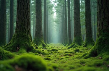 Fototapeta premium Misty path through dense, serene forest with tall, moss-covered trees. Rich green moss carpets ground, creating magical, tranquil atmosphere. Sunlight filters through canopy, illuminating wilderness.