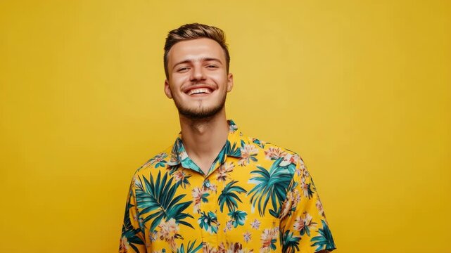 Smiling young man with short hair and a bright floral patterned shirt against a yellow background.