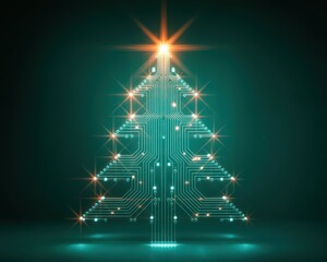 A christmas tree made of circuit board with a star on top against a green background