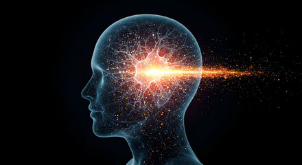 Humanoid Head with Glowing Neural Network and Energy Beam.