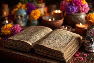 Book of Life ancient manuscript open with aged pages on Day of the Dead altar surrounded by skulls, flowers, and candles