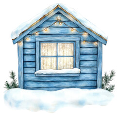 PNG Blue Christmas wood cabin window house light.