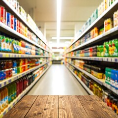 Grocery store aisle with wooden table