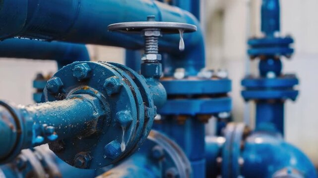 Piping system with blue valves and pumps, industrial setting