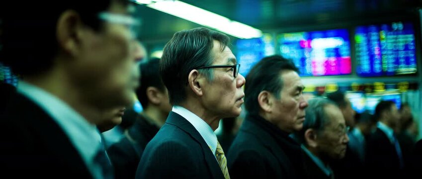 Slow low-angle dolly-in on male Tokyo traders at market close beneath neon stock tickers