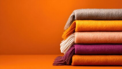 Stacked colorful blankets against an orange backdrop