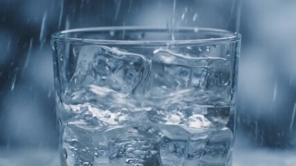 pouring water into glass with ice cubes refreshing drink
 - Powered by Adobe