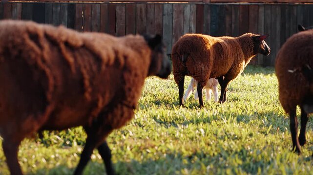 Ovelha Preta Amamentando Cordeiro em Fazenda no Campo &ndash; V&iacute;deo em 4K C&acirc;mera Lenta