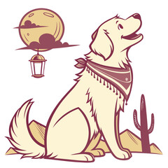 Creative SVG: Joyful Golden Retriever with with a scarf in a Sundown Glow colored Desert sunset theme