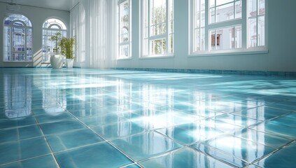Obraz premium Spacious interior with teal tiles and sunlight