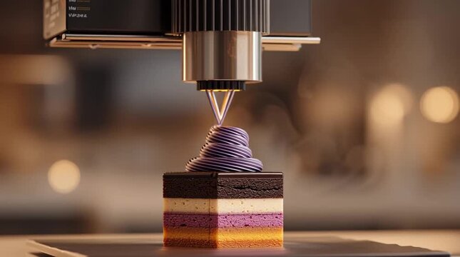 Close up of a 3d food printer creating a layered mousse cake with chocolate, vanilla, orange and berry topped with purple cream swirl