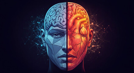 Stylized human head split between a cool blue logical brain and a warm red emotional heart.