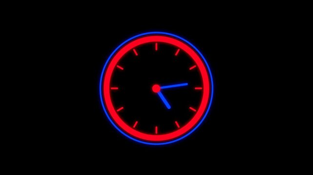 Minimalist Analog Clock Animation. Simple Watch Dial with Neon Glow on Transparent Background, 4K Video