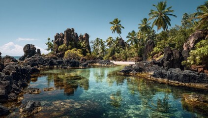 Fototapeta premium Tropical lagoon nestled between volcanic rock formations