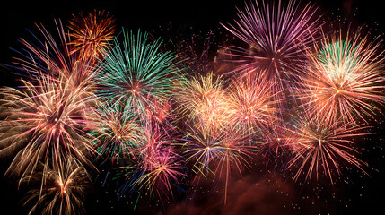 Fototapeta premium Colorful fireworks bursting in the night sky, with rockets and stars creating a dazzling display.