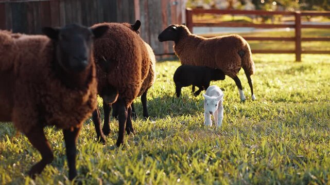 Cordeiro Branco com Ovelhas Pretas em Fazenda Rural &ndash; V&iacute;deo em 4K C&acirc;mera Lenta