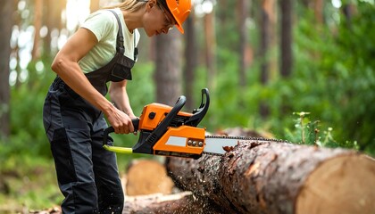 Woman lumberjack using chainsaw in forest