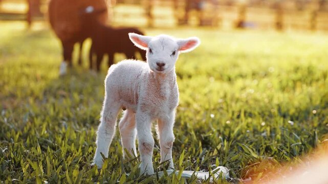 Cordeirinho Branco Fofo no Campo ao P&ocirc;r do Sol &ndash; V&iacute;deo em 4K C&acirc;mera Lenta