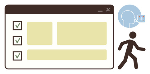 Digital checklist with completed tasks inside a browser window, verified user profile icon, and walking figure. Ideal for workflow, productivity, task completion, authentication, organization