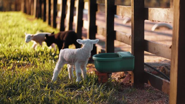 Cordeirinho Branco Bebendo &Aacute;gua em Fazenda Rural &ndash; V&iacute;deo em 4K C&acirc;mera Lenta