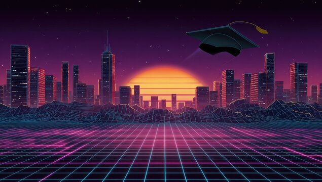 Retro cityscape graduation scene