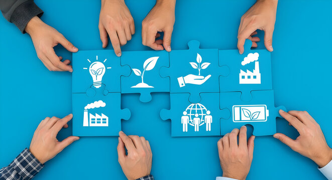 Teamwork builds sustainable future, connecting industry and green solutions for growth