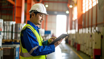 Male industrial worker wearing white safety helmet and high visibility vest inspecting data tablet inside factory or warehouse environment, with machinery and storage units background