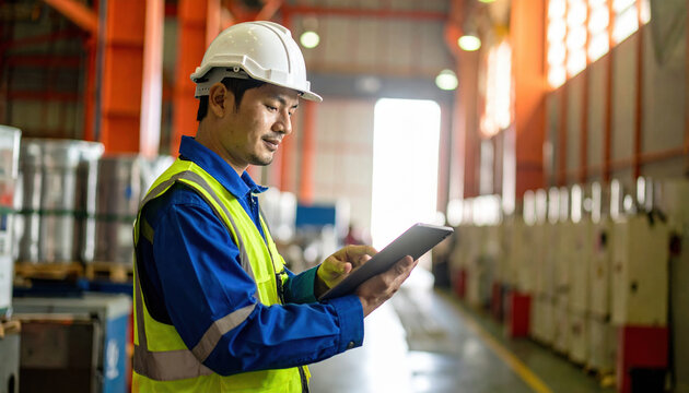 Male industrial worker wearing white safety helmet and high visibility vest inspecting data tablet inside factory or warehouse environment, with machinery and storage units background