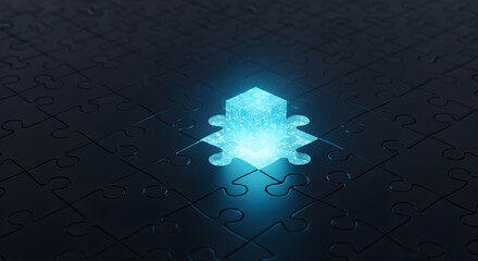 Unlock innovative solutions with a glowing digital puzzle piece connecting to technology