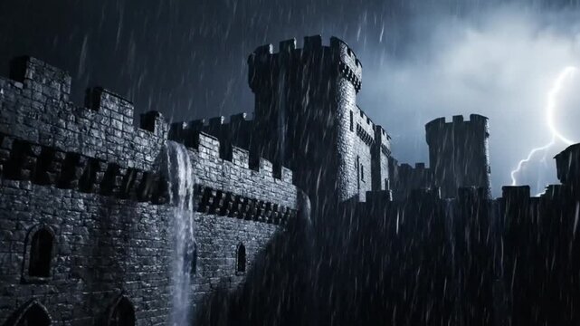 dark castle stormy night lightning rain
